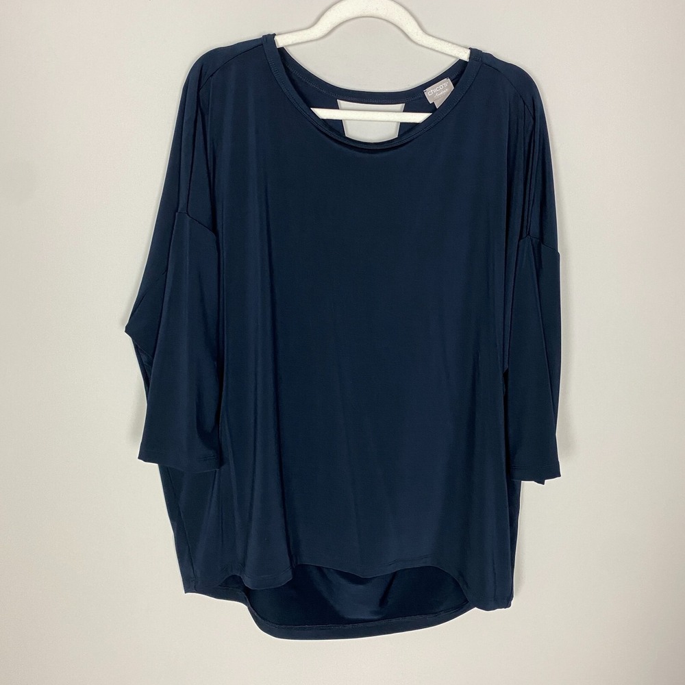 Chicos Travelers Shirt Womens Large or 2 Blue Drape Acetate Wedge Top 3/4 Sleeve